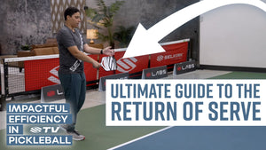 A player demonstrating the return of serve technique in pickleball with text overlay 'ULTIMATE GUIDE TO THE RETURN OF SERVE'.