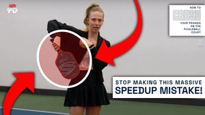 A woman demonstrating pickleball technique with text: 'STOP MAKING THIS MASSIVE SPEEDUP MISTAKE!'