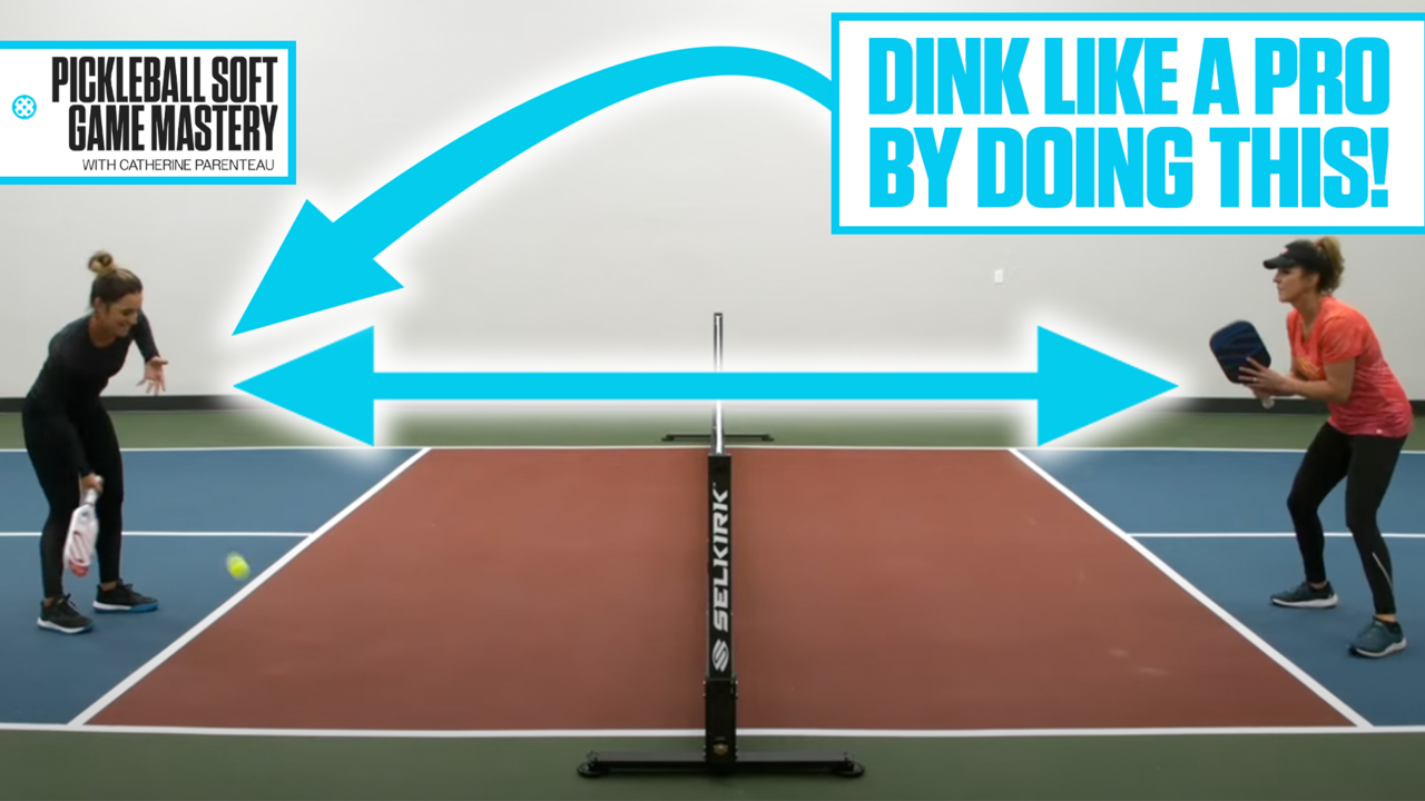 Two players practicing dinking in pickleball with text 'DINK LIKE A PRO BY DOING THIS!'