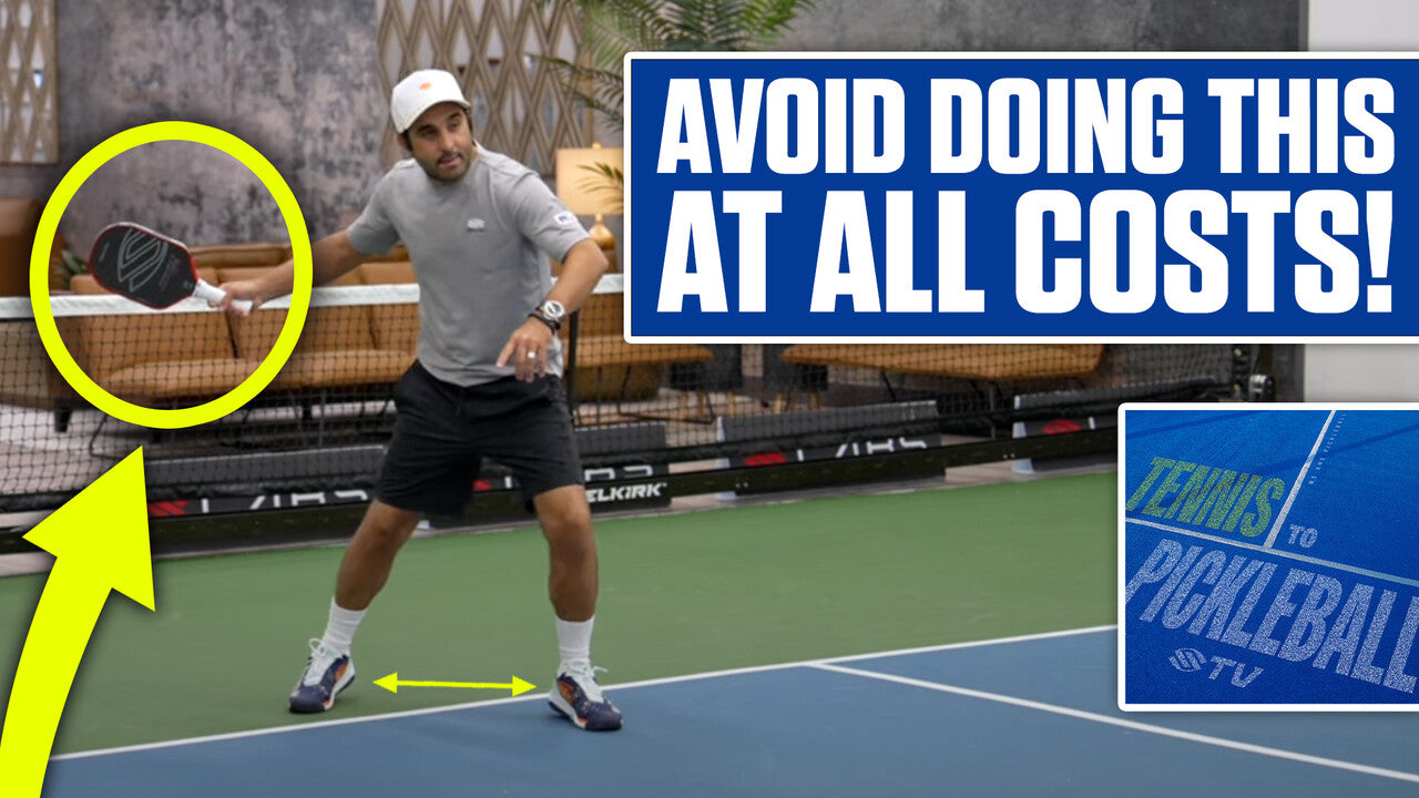 A man demonstrating pickleball technique with text: 'AVOID DOING THIS AT ALL COSTS!' and 'TENNIS TO PICKLEBALL'