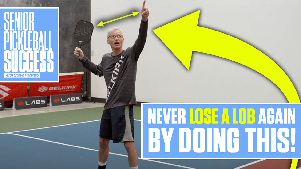 Senior player demonstrating how to defend against a lob shot in pickleball, with text: 'NEVER LOSE A LOB AGAIN BY DOING THIS!'