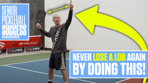 Senior player demonstrating how to defend against a lob shot in pickleball, with text: 'NEVER LOSE A LOB AGAIN BY DOING THIS!'