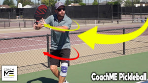 Player demonstrating pickleball technique with movement arrows and CoachME Pickleball logo.