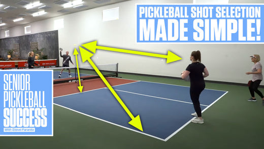 A pickleball court with players demonstrating shot selection techniques, arrows indicating shot directions.