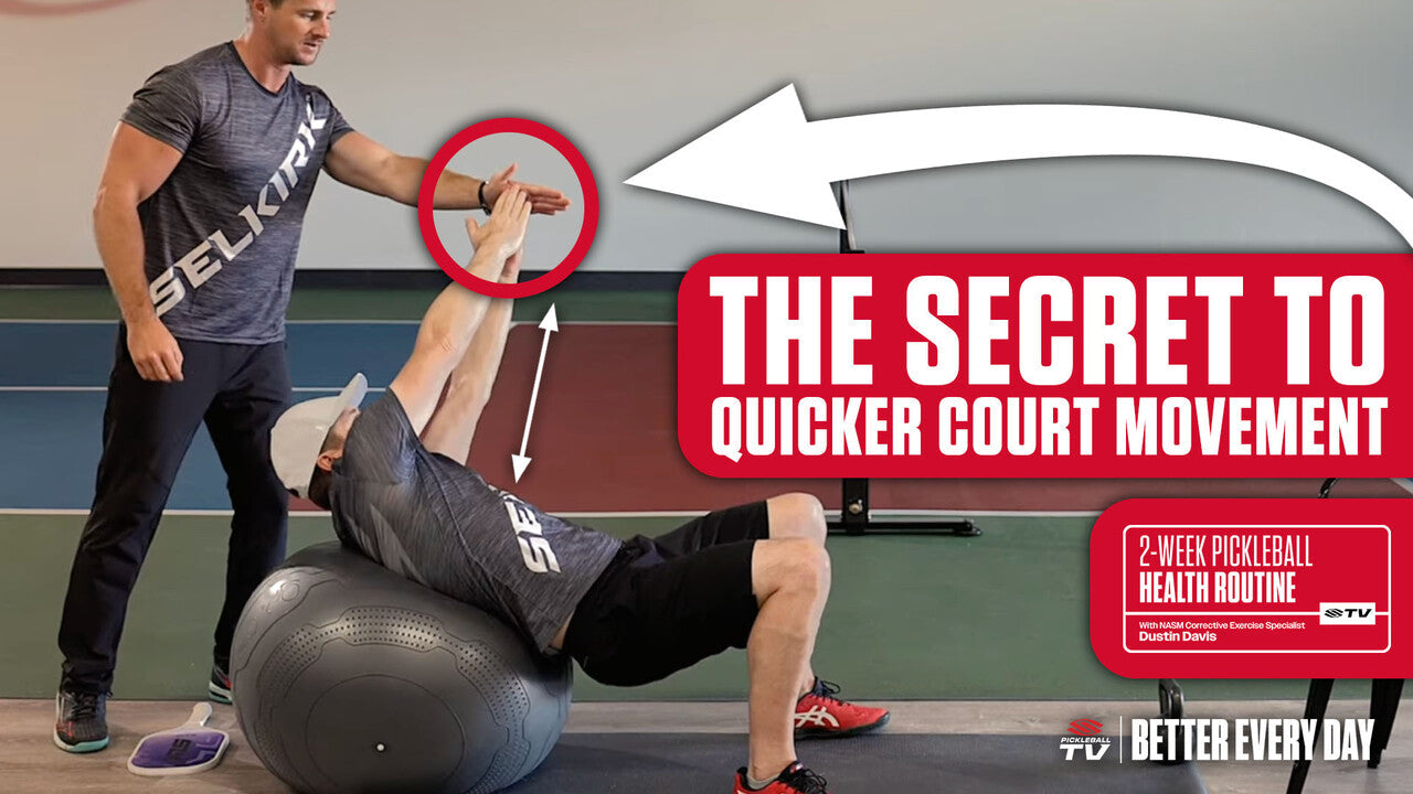 A coach demonstrates tips for quicker court movement while a man performs oblique crunches on a yoga ball. Text: 'THE SECRET TO QUICKER COURT MOVEMENT' and '2-WEEK PICKLEBALL HEALTH ROUTINE.'
