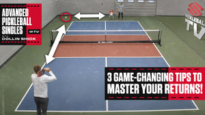 Collin Shick demonstrates 3 game-changing tips to master your returns in pickleball on an indoor court.