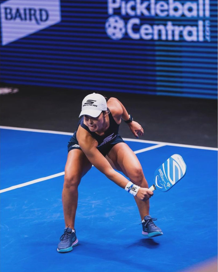 Catherine Parenteau in action during the women's doubles final at the PPA Las Vegas Cup, preparing to hit a pickleball.