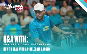 Morgan Evans, pickleball coach, demonstrating techniques to counter bangers in a match.