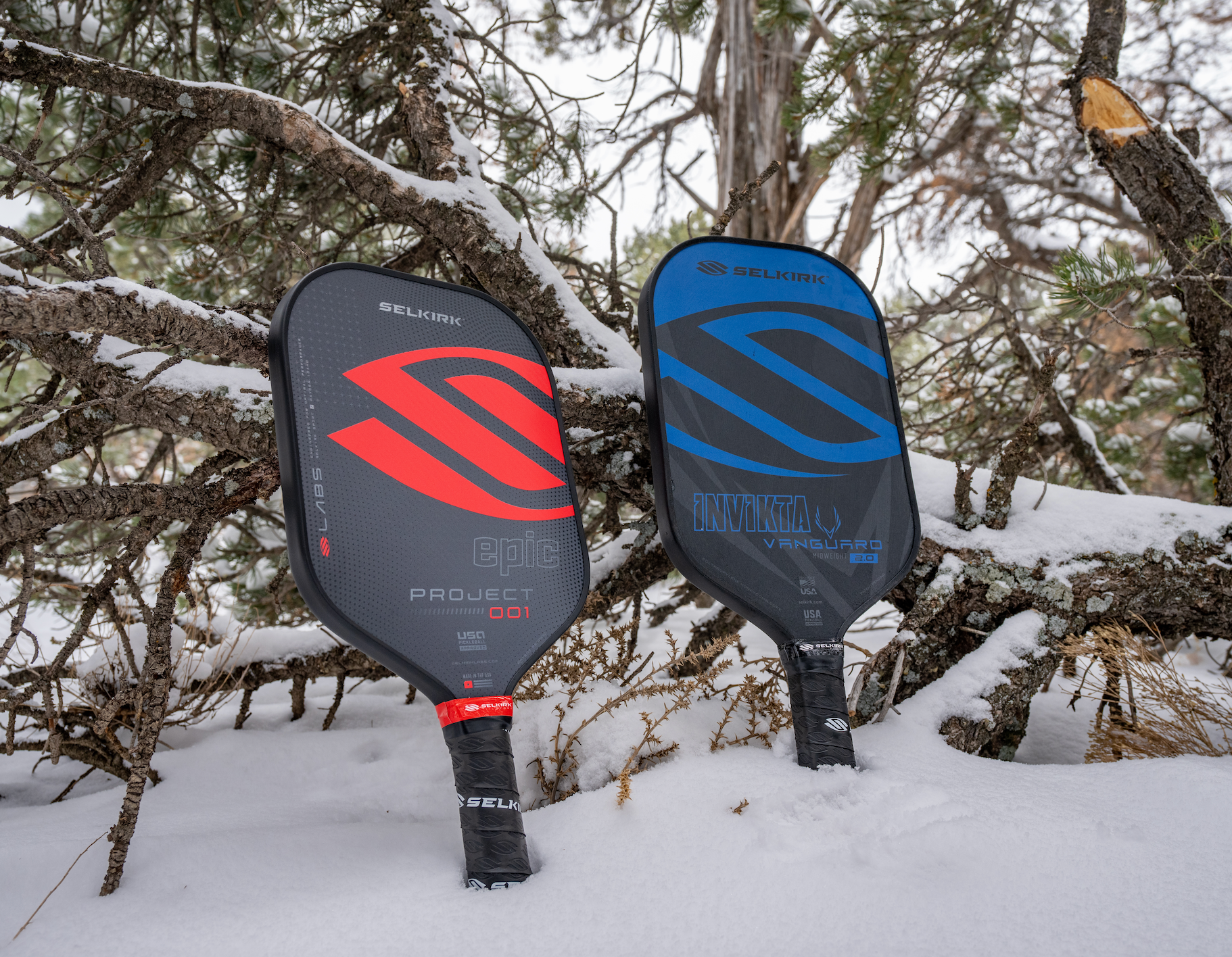 Two Selkirk Sport pickleball paddles, one red and one blue, upright in snow, showcasing their design.