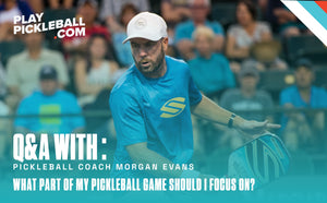 Morgan Evans, pickleball coach, demonstrating technique in a Q&A session about improving pickleball skills.