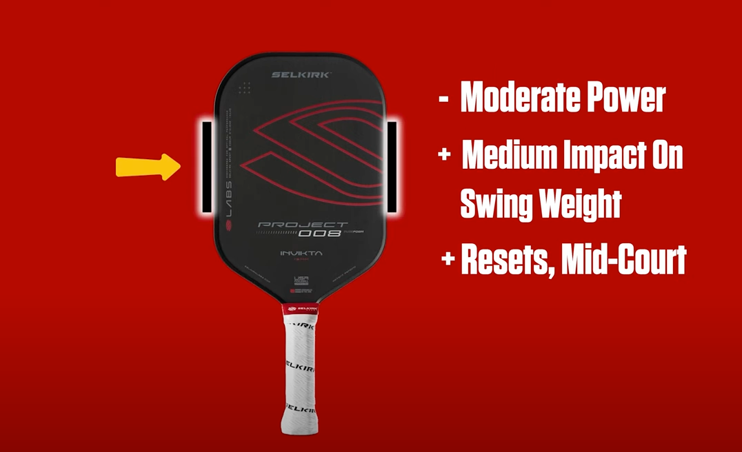 Selkirk Project 008 pickleball paddle with weight adjustment details: Moderate Power, Medium Impact On Swing Weight, Resets, Mid-Court