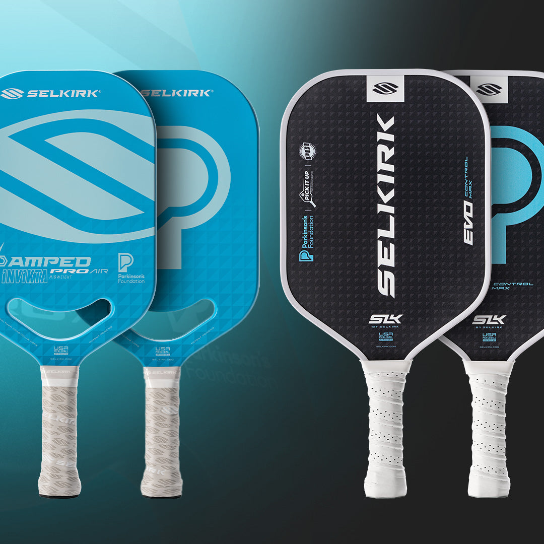 Selkirk AMPED Invikta and EVO Control Max pickleball paddles featuring Selkirk and Parkinson’s Foundation logos