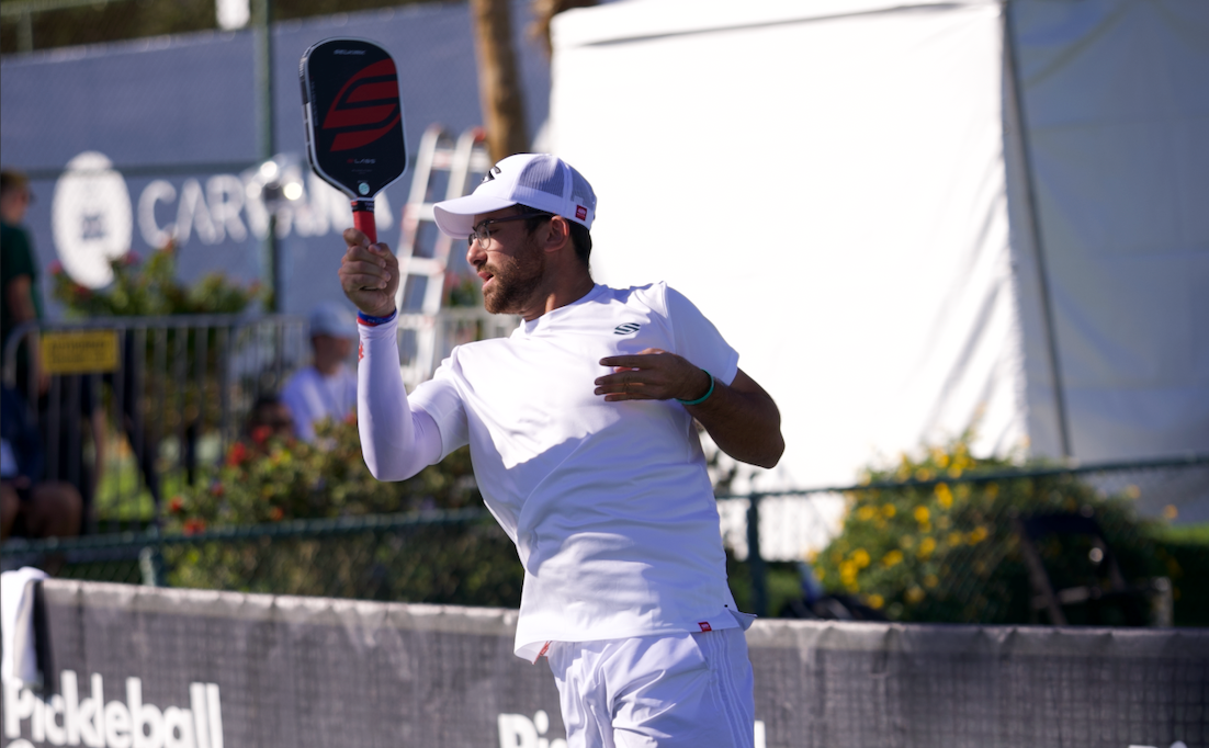 Anouar Braham drives a forehand with the Selkirk Boomstik