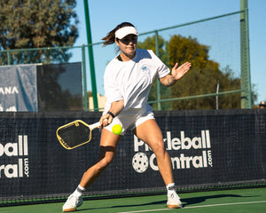 Sparta pro Charlie Treviño hits a drive during a professional pickleball tournament. 