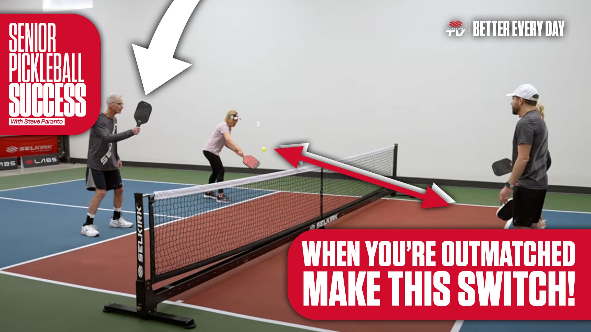 A team of senior players and a team of younger players dinking at the net on an indoor pickleball court. Text: 'WHEN YOU'RE OUTMATCHED MAKE THIS SWITCH!'