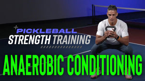 Pickleball strength training focusing on anaerobic conditioning with a person squatting and holding a kettlebell.