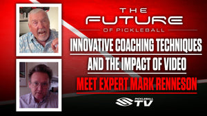 A graphic image shows images of Mark Renneson and Paul Olson as they talk during an episode of Future of Pickleball. 