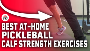 Best at-home pickleball calf strength exercises with a person demonstrating a calf stretch.