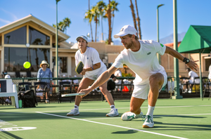 Rafa Lenhard hits a backhand dink during a professional pickleball tournament. 