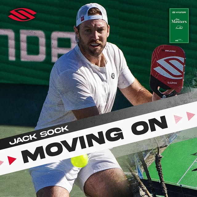 Jack Sock hitting a forehand with the text 'MOVING ON' and his name displayed.