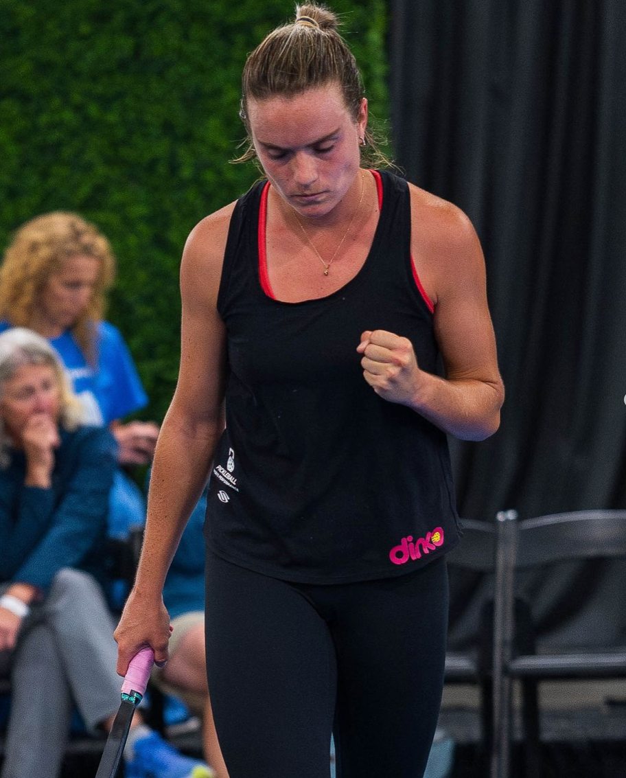 Pickleball pro Judit Castillo showing determination after a match loss.