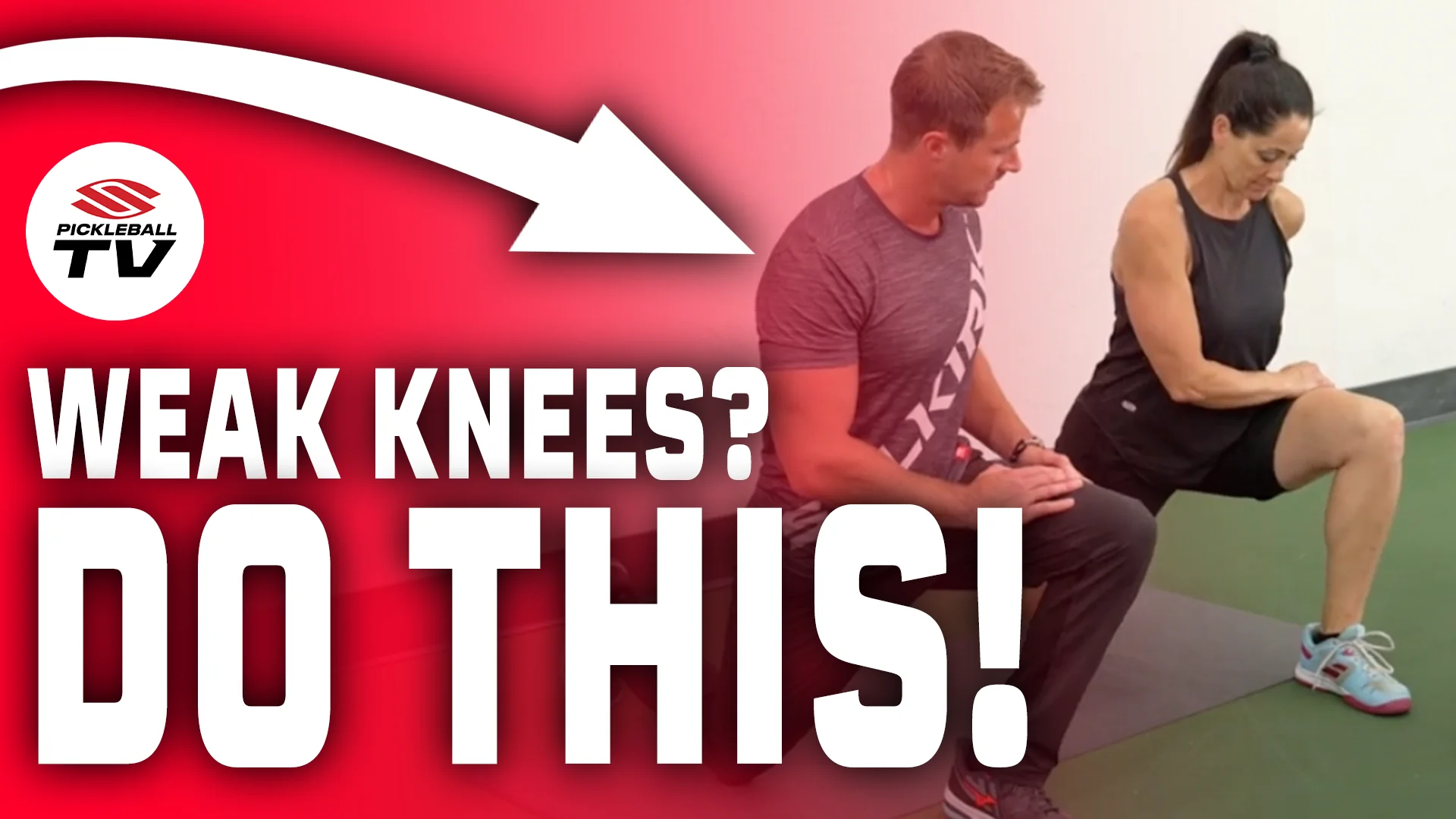 A man demonstrating a knee exercise with a woman, with text: 'WEAK KNEES? DO THIS!'