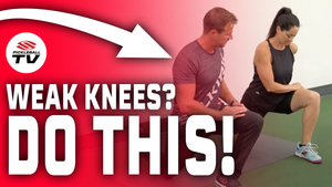 A man demonstrating a knee exercise with a woman, with text: 'WEAK KNEES? DO THIS!'