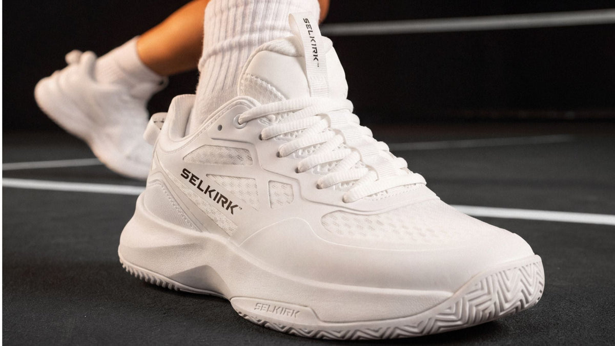 closeup photo of the Selkirk Courtstrike 3.0 pickleball shoe in all white