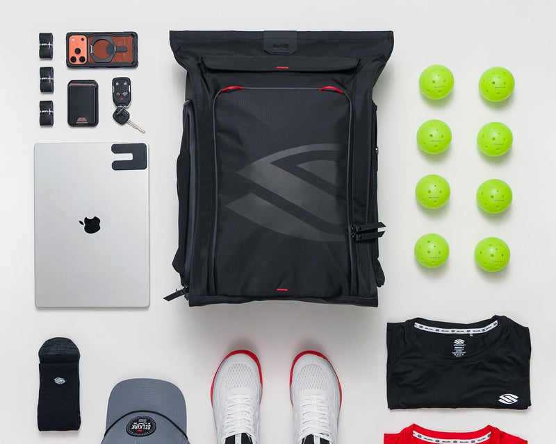 Ariel photo of selkirk 2.0 pro line bag surrounded by pickleball gear