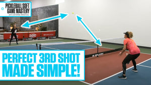A pickleball drill showing a player preparing for a third shot drop, with arrows indicating ball trajectory and text 'PERFECT 3RD SHOT MADE SIMPLE!'
