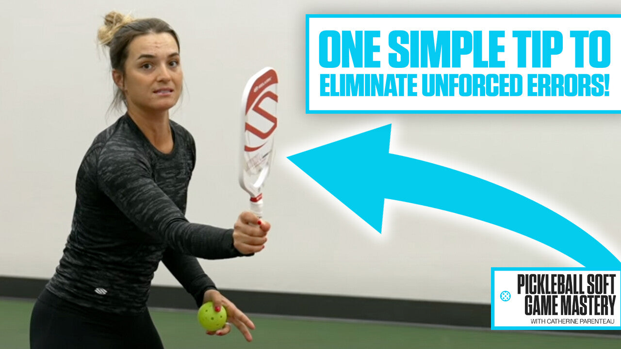 A woman demonstrating how to hold a pickleball paddle, with a tip to eliminate unforced errors.