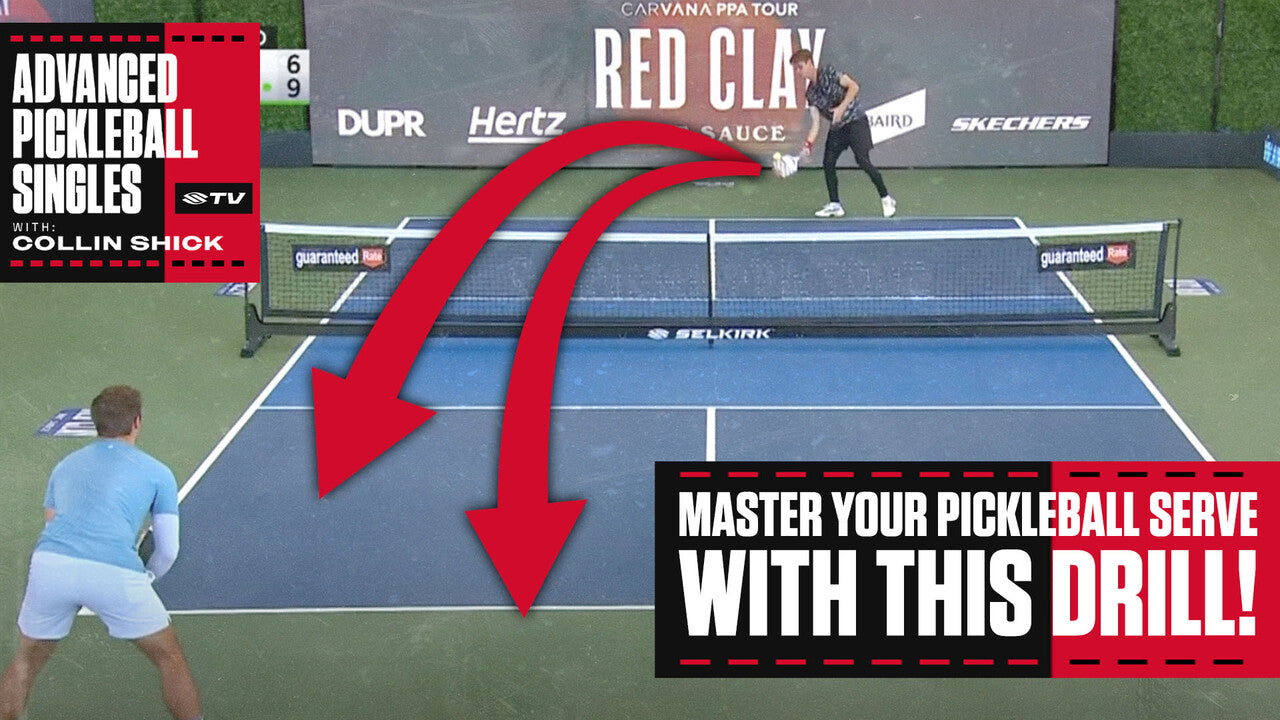 Collin Shick serving a pickleball with arrows indicating drill instructions: 'Master your pickleball serve with this drill!'