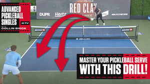Collin Shick serving a pickleball with arrows indicating drill instructions: 'Master your pickleball serve with this drill!'