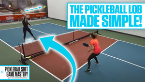 A player executing a pickleball lob over an opponent at the net, with instructional text.