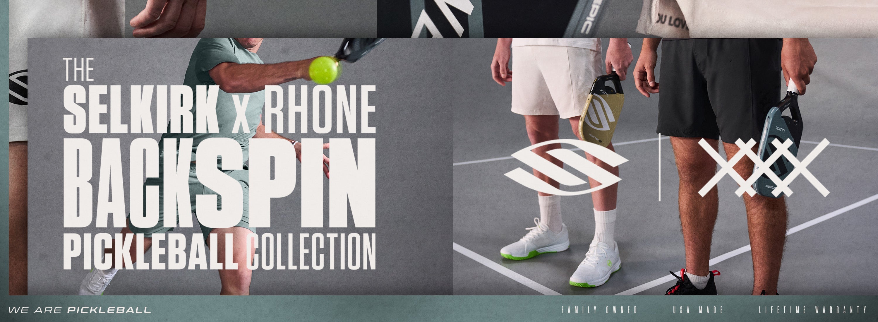 Rhone men's clothing and Selkirk Sport Backspin Collection, designed for pickleball players. The collection includes Selkirk pickleball paddles, men's clothing, shorts, and t-shirts for your next pickleball match.