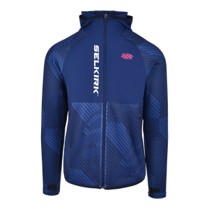 Front view of the Prestige Pro Line Full Zip Hybrid Hooded Jacket in navy, featuring a full zip and hood.