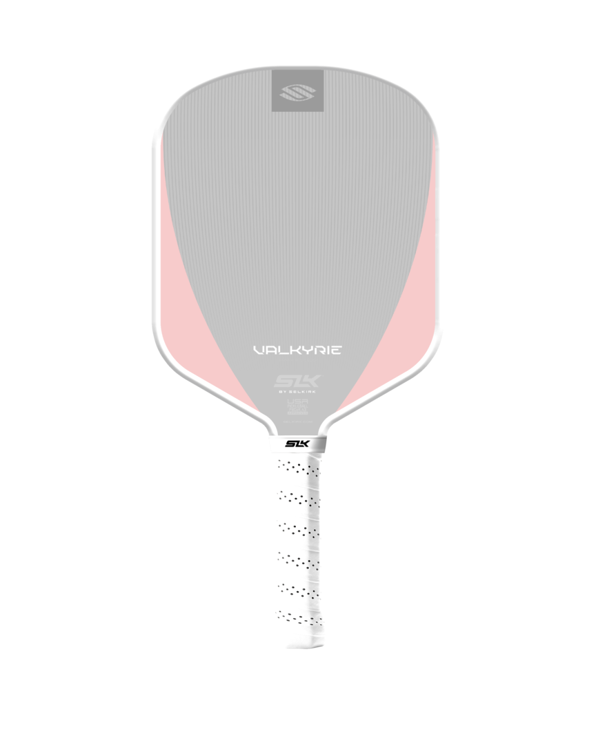 Front view of Valkyrie Custom Paddle showcasing pink and gray paddle face with a white grip on a black background