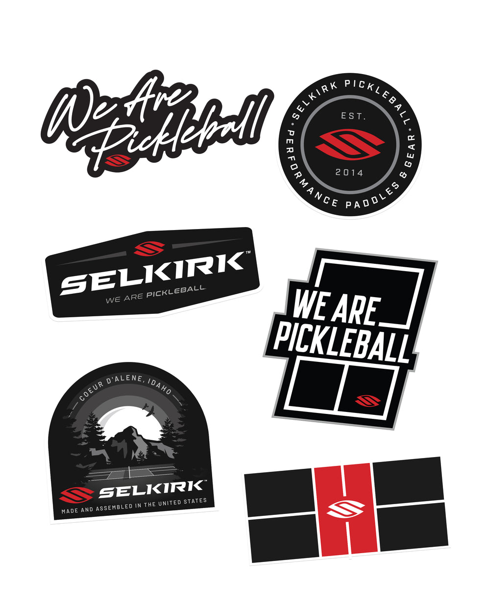Sheet of six Selkirk-branded stickers featuring designs like 'We Are Pickleball' and the Selkirk logo, predominantly black and white with red accents.