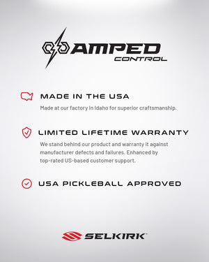 AMPED Control paddle features: Made in the USA, Limited Lifetime Warranty, USA Pickleball Approved