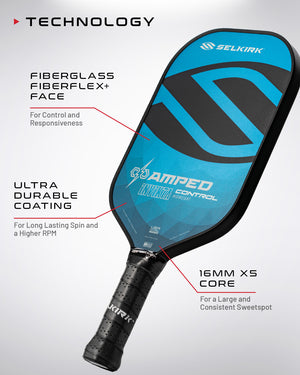 Selkirk AMPED Control pickleball paddle features: Fiberglass FiberFlex+ Face, Ultra Durable Coating, 16mm X5 Core.