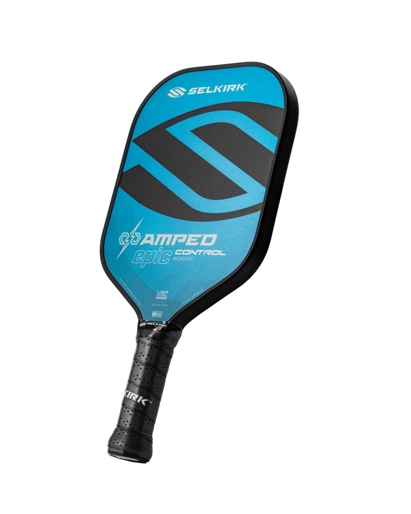 Selkirk AMPED Control pickleball paddle in blue with a unique design