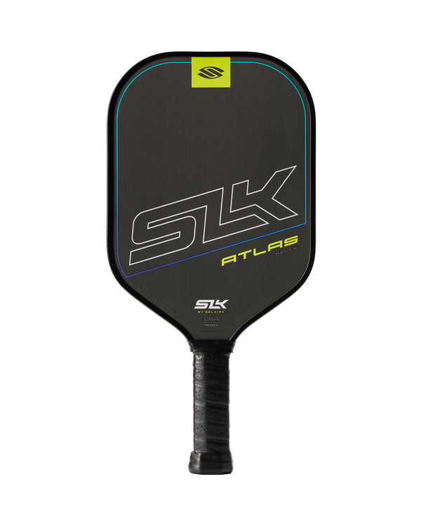 SLK Atlas Max Pickleball Paddle with a black surface and colorful logo