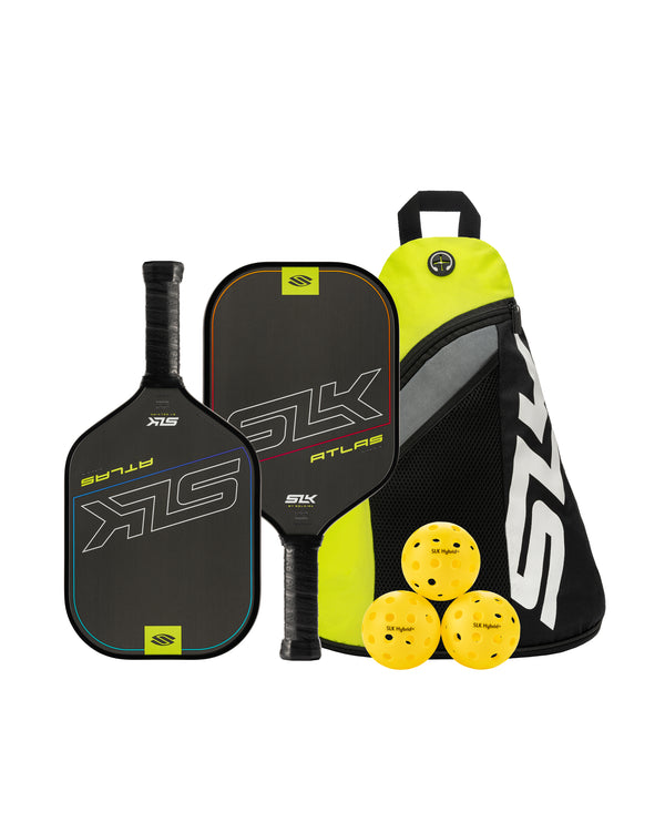 SLK Atlas Max Pickleball Bundle with two paddles, three yellow pickleballs, and a sling bag.