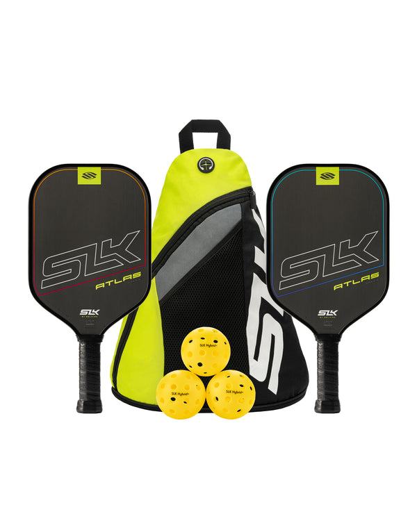 SLK Atlas Max Pickleball Bundle with two paddles, three yellow pickleballs, and a sling bag.