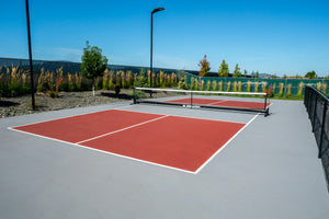 Selkirk Semi-Permanent Pro Pickleball Net set up on a red court with surrounding greenery.