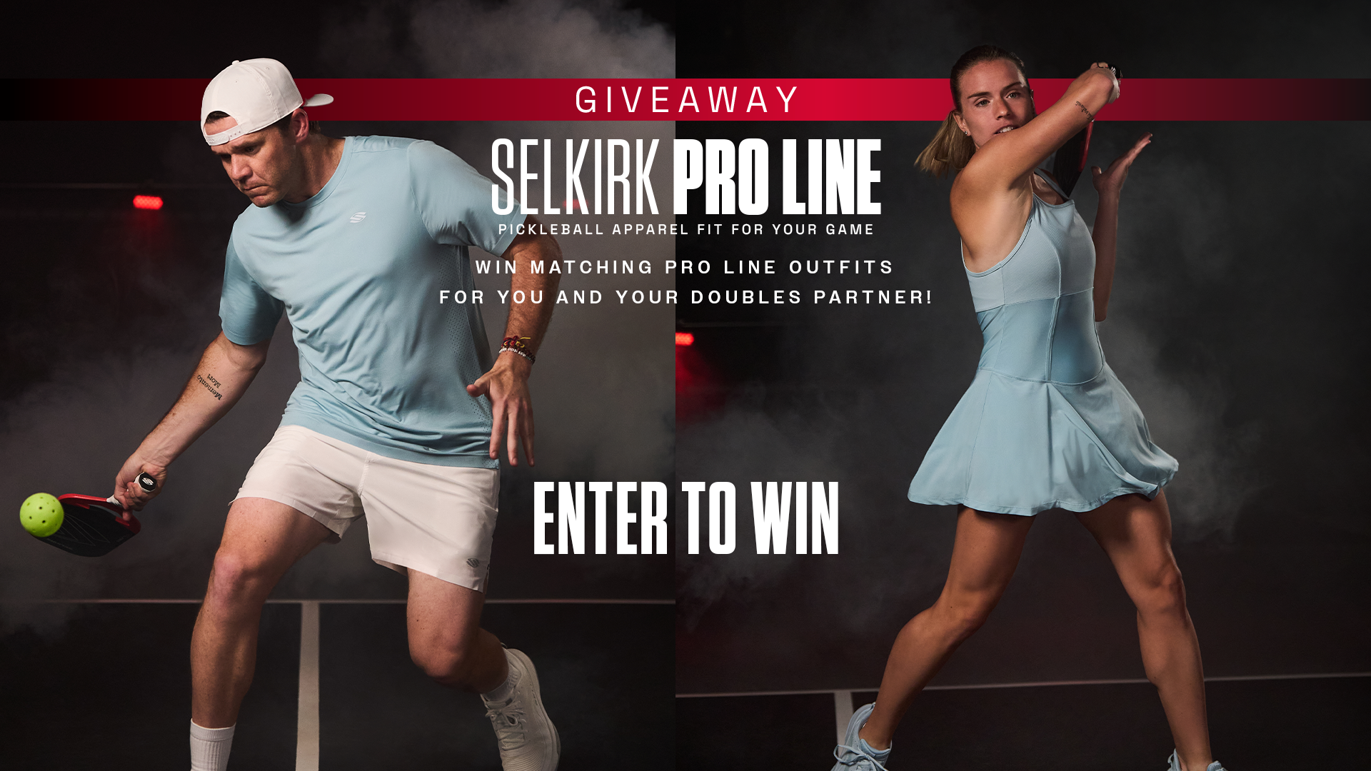 Giveaway for Selkirk Pro Line pickleball apparel featuring two players in action. Enter to win matching outfits!