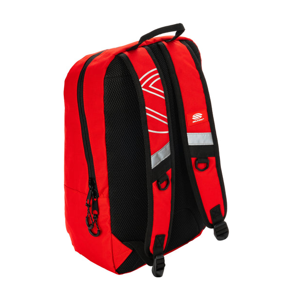 Red Selkirk Core Line Day Bag for pickleball, featuring padded straps and reflective accents.
