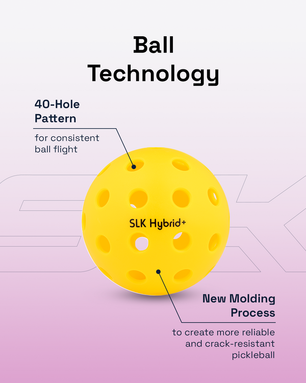SLK Hybrid+ pickleball with 40-hole pattern and new molding process for reliability.