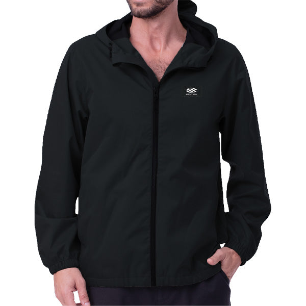 Men’s Bunker Lightweight Hooded Windbreaker in black, featuring a full zip and hood.