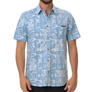 Selkirk pickleball Men's Offshore Short Sleeve Button Down shirt in blue with floral pattern.